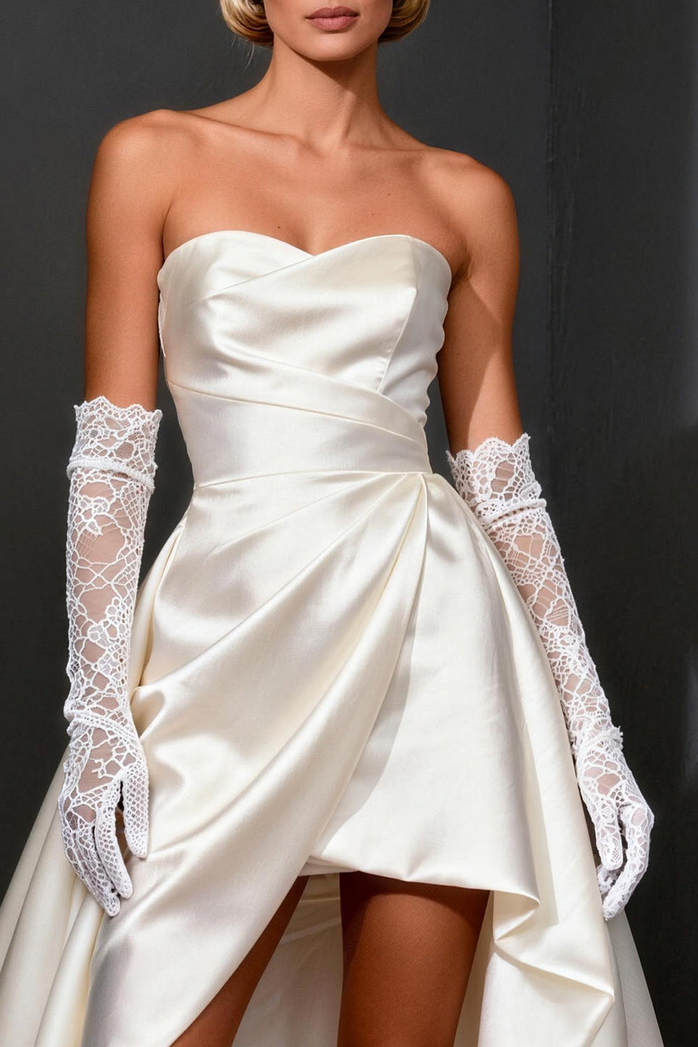 White Satin Strapless A Line High-Low Wedding Dress
