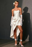 White Satin Ruched Bodycon Strapless Asymmetrical Wedding Dress