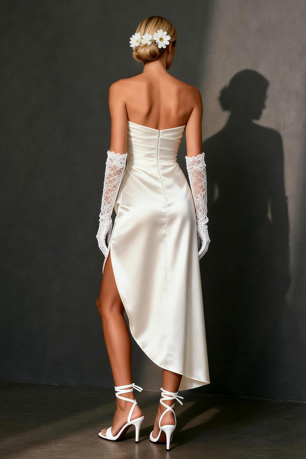 White Satin Ruched Bodycon Strapless Asymmetrical Wedding Dress