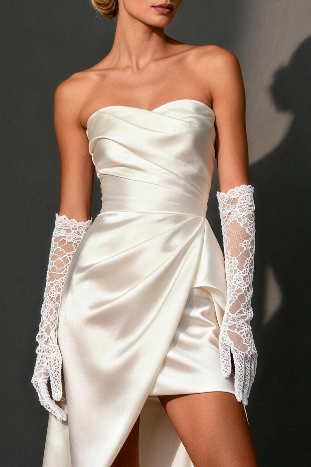 White Satin Ruched Bodycon Strapless Asymmetrical Wedding Dress