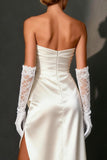 White Satin Ruched Bodycon Strapless Asymmetrical Wedding Dress