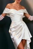 White Satin Ruched Bodycon Off The Shoulder Short Wedding Dress