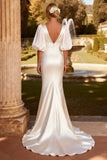 Ivory Satin V Neck Mermaid Puff Sleeves Sweep Train Wedding Dress