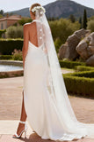 White Halter Keyhole Mermaid Ruched Sweep Train Wedding Dress with Slit