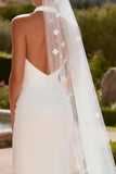 White Halter Keyhole Mermaid Ruched Sweep Train Wedding Dress with Slit