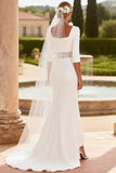 White Square Neck Mermaid 3/4 Sleeves Sweep Train Wedding Dress with Lace