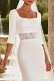 White Square Neck Mermaid 3/4 Sleeves Sweep Train Wedding Dress with Lace