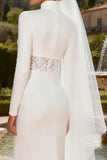 White Satin Keyhole High Neck Mermaid Sweep Train Wedding Dress with Slit