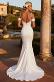 White Cold Shoulder Mermaid Corset Sweep Train Wedding Dress with Slit