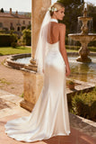 Ivory Satin Halter Mermaid Beaded Sweep Train Wedding Dress with Slit