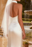 Ivory Satin Halter Mermaid Beaded Sweep Train Wedding Dress with Slit