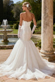 Ivory Satin Strapless Mermaid Beaded Sweep Train Wedding Dress