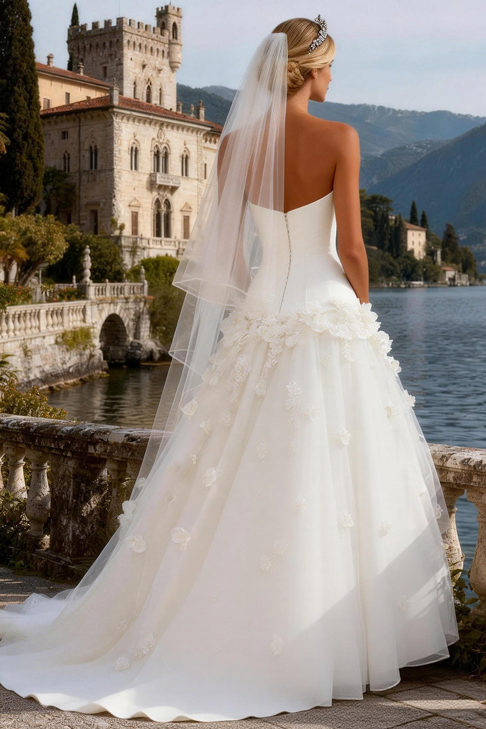 White Tulle Strapless A Line Corset Sweep Train Wedding Dress with 3D Flowers