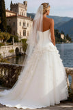 White Tulle Strapless A Line Corset Sweep Train Wedding Dress with 3D Flowers
