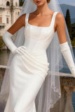 White Satin Corset Mermaid Square Neck Sweep Train Wedding Dress