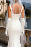 White Satin Corset Mermaid Square Neck Sweep Train Wedding Dress