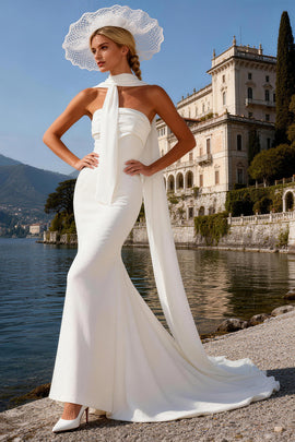 Zapakasa Women White Satin Mermaid Sweep Train Wedding Dress Neck Scarf  Strapless Wedding Reception Dress