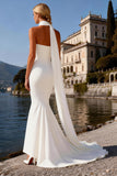 White Satin Neck Scarf Strapless Mermaid Sweep Train Wedding Dress