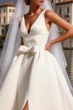 Ivory Satin V Neck Ball Gown Sweep Train Wedding Dress with Bow