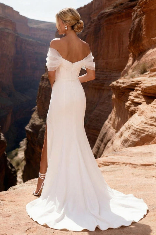 White Off The Shoulder Mermaid Sweep Train Wedding Dress with Slit