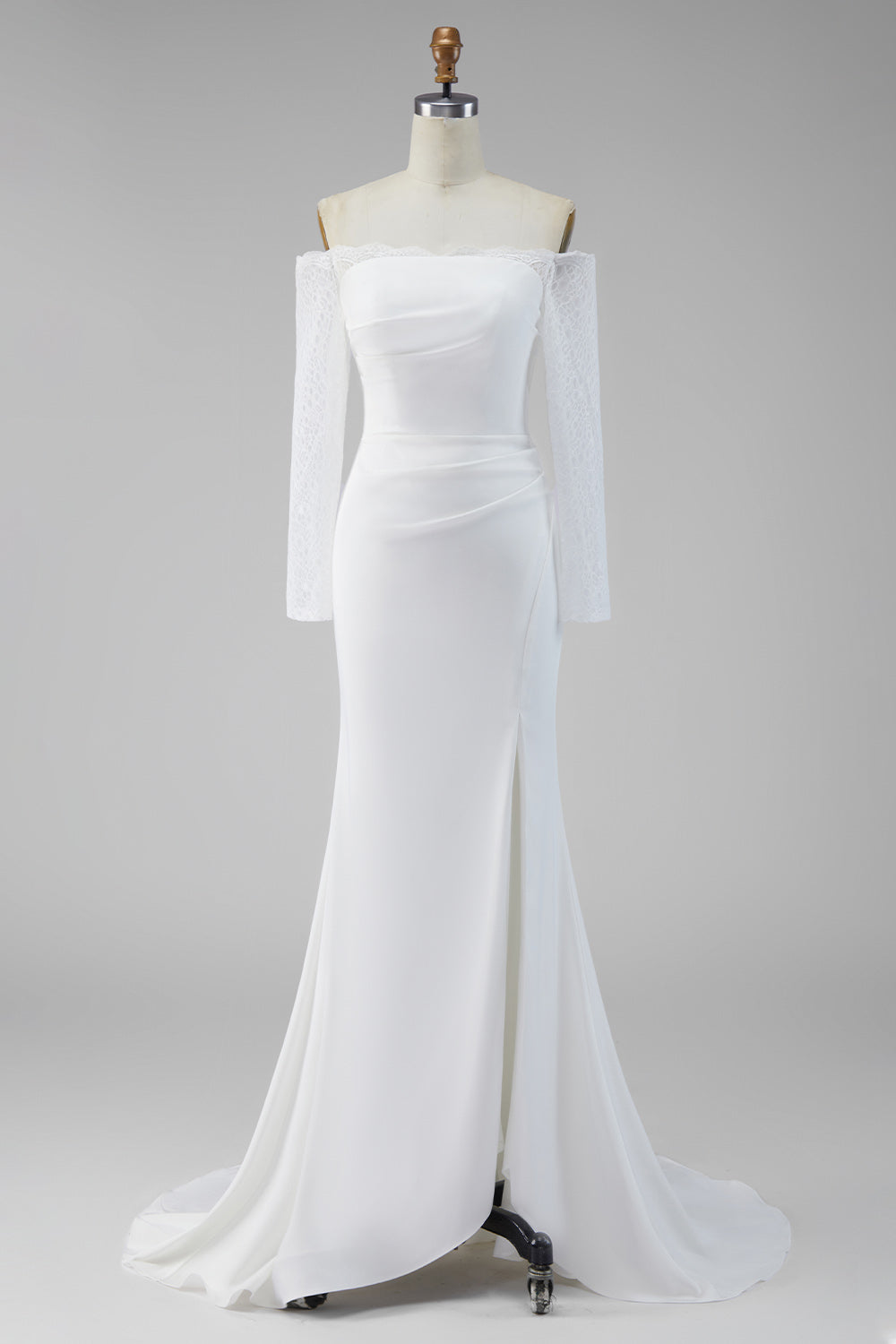 White Satin Mermaid Lace Sleeves Sweep Train Wedding Dress with Slit