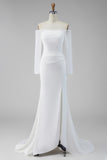 White Satin Mermaid Lace Sleeves Sweep Train Wedding Dress with Slit