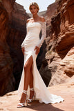 White Satin Mermaid Lace Sleeves Sweep Train Wedding Dress with Slit