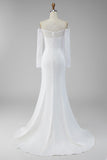 White Satin Mermaid Lace Sleeves Sweep Train Wedding Dress with Slit