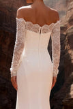 White Satin Mermaid Lace Sleeves Sweep Train Wedding Dress with Slit