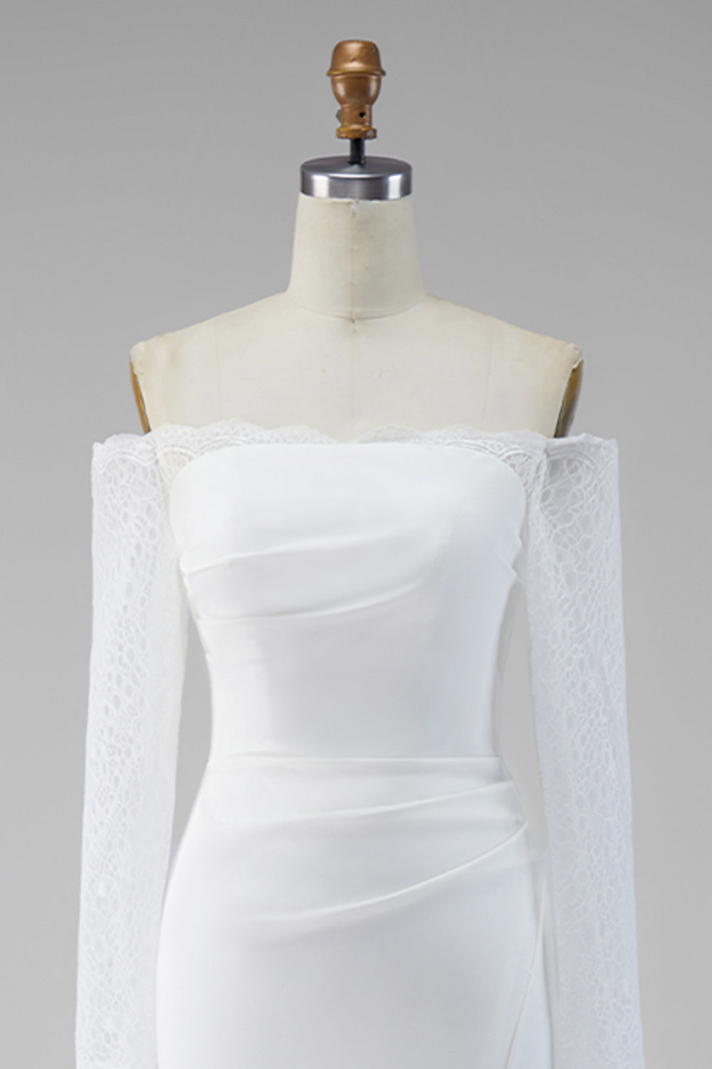 White Satin Mermaid Lace Sleeves Sweep Train Wedding Dress with Slit