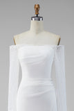 White Satin Mermaid Lace Sleeves Sweep Train Wedding Dress with Slit
