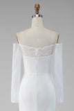White Satin Mermaid Lace Sleeves Sweep Train Wedding Dress with Slit