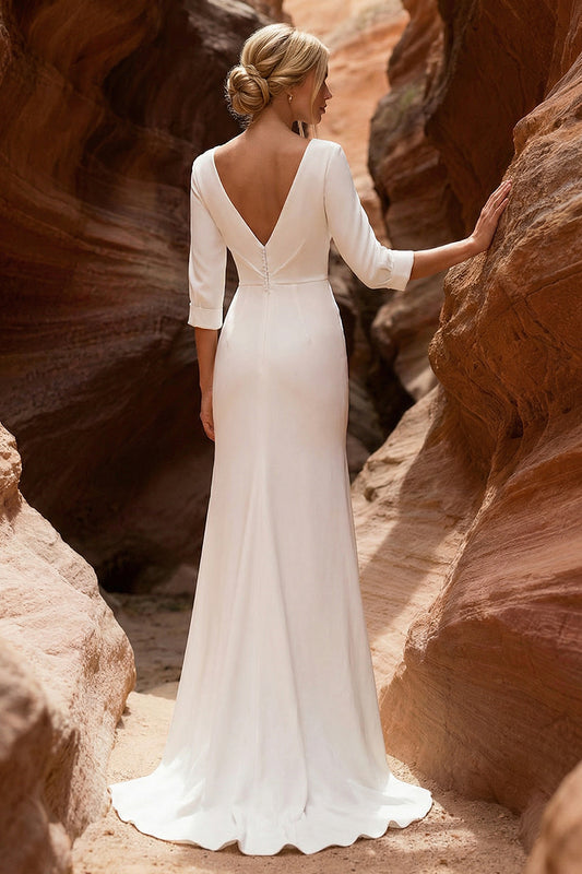 Ivory V Neck Mermaid Ruched 3/4 Sleeves Sweep Train Wedding Dress with Slit