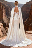 Ivory Satin Mermaid Sweetheart Corset Sweep Train Wedding Dress with Cape