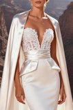 Ivory Satin Mermaid Sweetheart Corset Sweep Train Wedding Dress with Cape