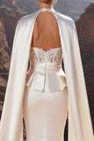 Ivory Satin Mermaid Sweetheart Corset Sweep Train Wedding Dress with Cape