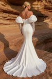 White Satin Mermaid Sweetheart Sweep Train Wedding Dress with Sleeves