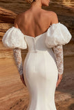 White Satin Mermaid Sweetheart Sweep Train Wedding Dress with Sleeves