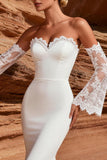 White Satin Mermaid Sweetheart Lace Sleeves Sweep Train Wedding Dress