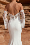 White Satin Mermaid Sweetheart Lace Sleeves Sweep Train Wedding Dress