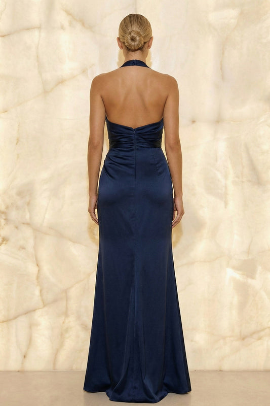 Navy Mermaid Satin Ruched Halter Long Formal Dress with Slit