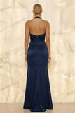 Navy Mermaid Satin Ruched Halter Long Formal Dress with Slit