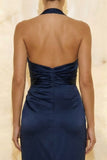 Navy Mermaid Satin Ruched Halter Long Formal Dress with Slit
