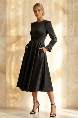 Modest Black Round Neck A Line Satin Midi Formal Dress with Sleeves