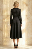 Modest Black Round Neck A Line Satin Midi Formal Dress with Sleeves