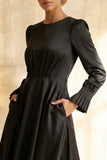 Modest Black Round Neck A Line Satin Midi Formal Dress with Sleeves