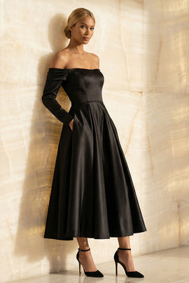 Black Off the Shoulder Satin A Line Long Sleeves Formal Dress