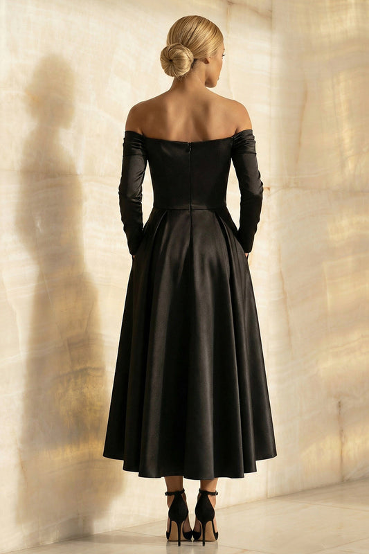 Black Off the Shoulder Satin A Line Long Sleeves Formal Dress