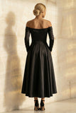 Black Off the Shoulder Satin A Line Long Sleeves Formal Dress