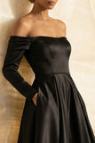 Black Off the Shoulder Satin A Line Long Sleeves Formal Dress